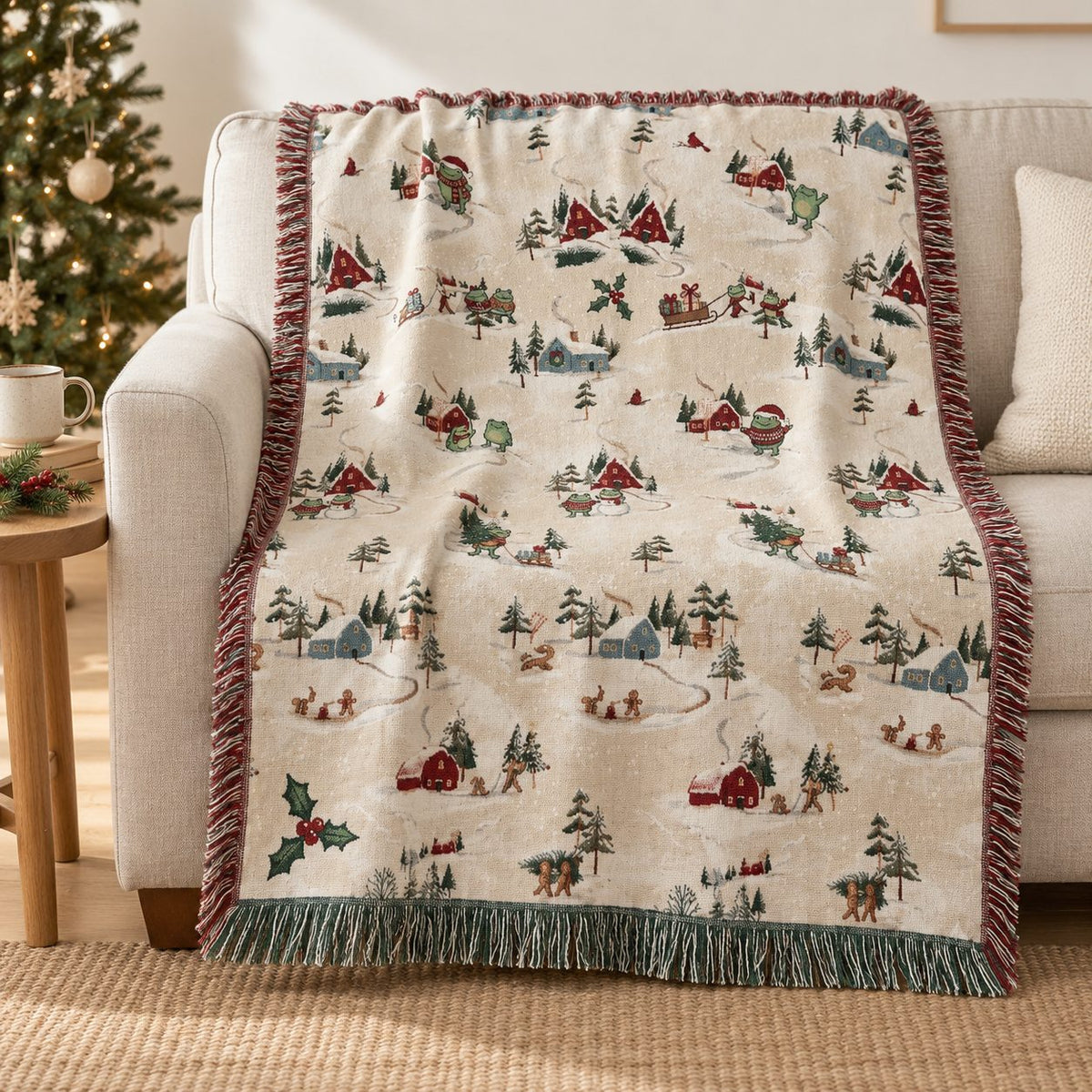 Frog Christmas Village Woven Blanket — Snowy Cabins, Sleds & Cardinals, Cotton Jacquard Throw