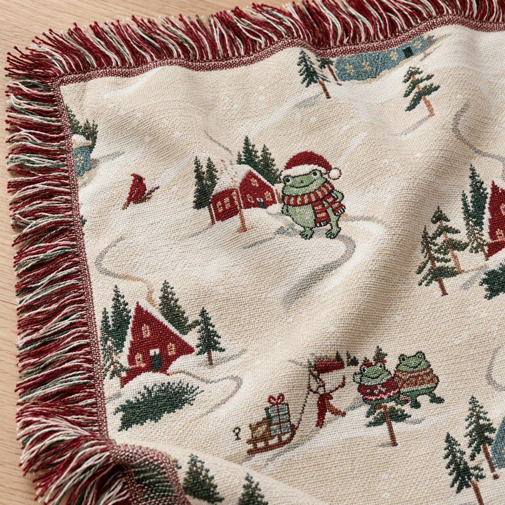 Frog Christmas Village Woven Blanket — Snowy Cabins, Sleds & Cardinals, Cotton Jacquard Throw