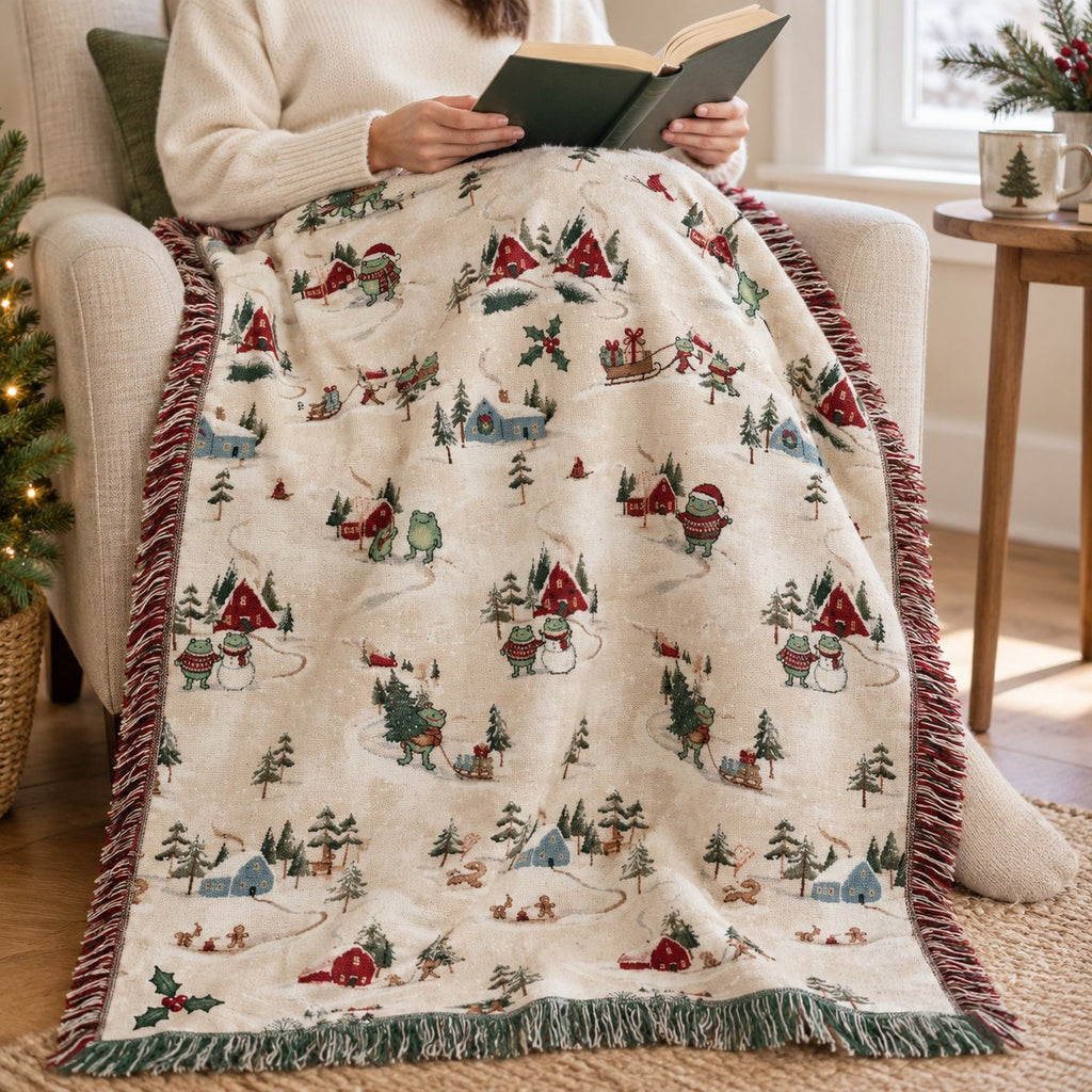Frog Christmas Village Woven Blanket — Snowy Cabins, Sleds & Cardinals, Cotton Jacquard Throw