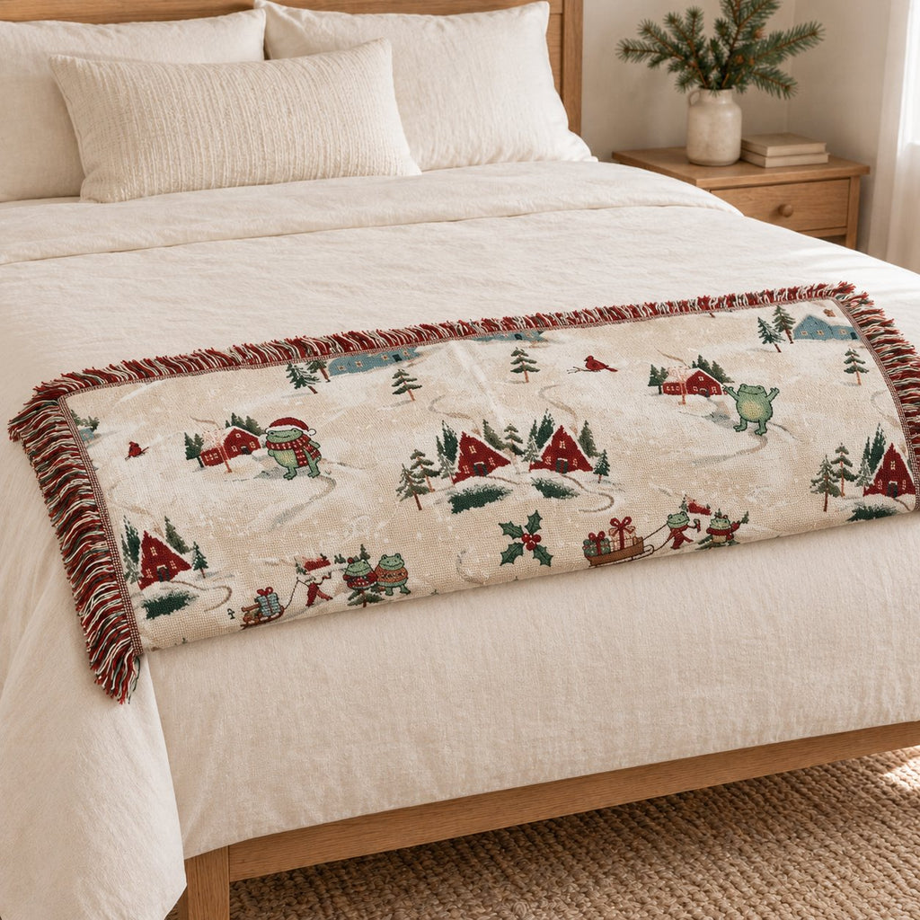 Frog Christmas Village Woven Blanket — Snowy Cabins, Sleds & Cardinals, Cotton Jacquard Throw