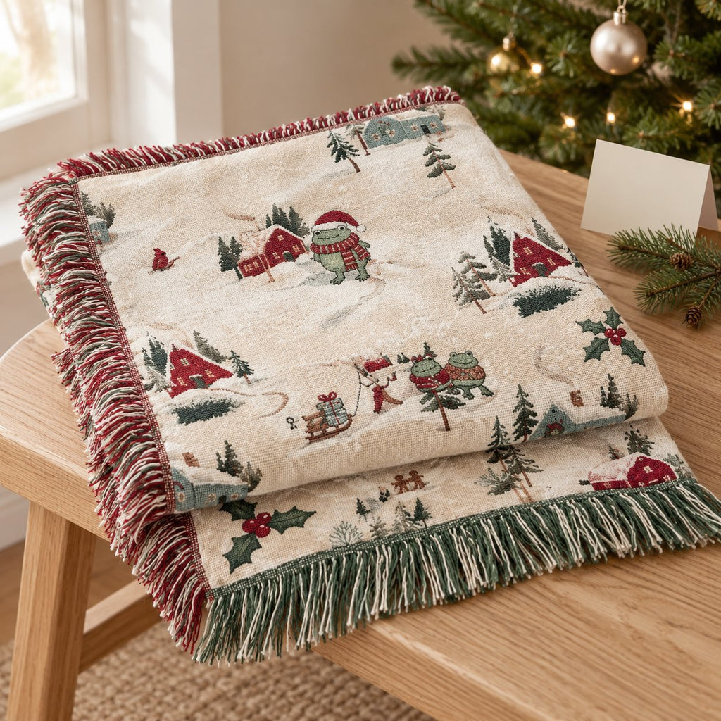 Frog Christmas Village Woven Blanket — Snowy Cabins, Sleds & Cardinals, Cotton Jacquard Throw