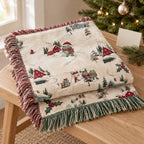 Frog Christmas Village Woven Blanket — Snowy Cabins, Sleds & Cardinals, Cotton Jacquard Throw