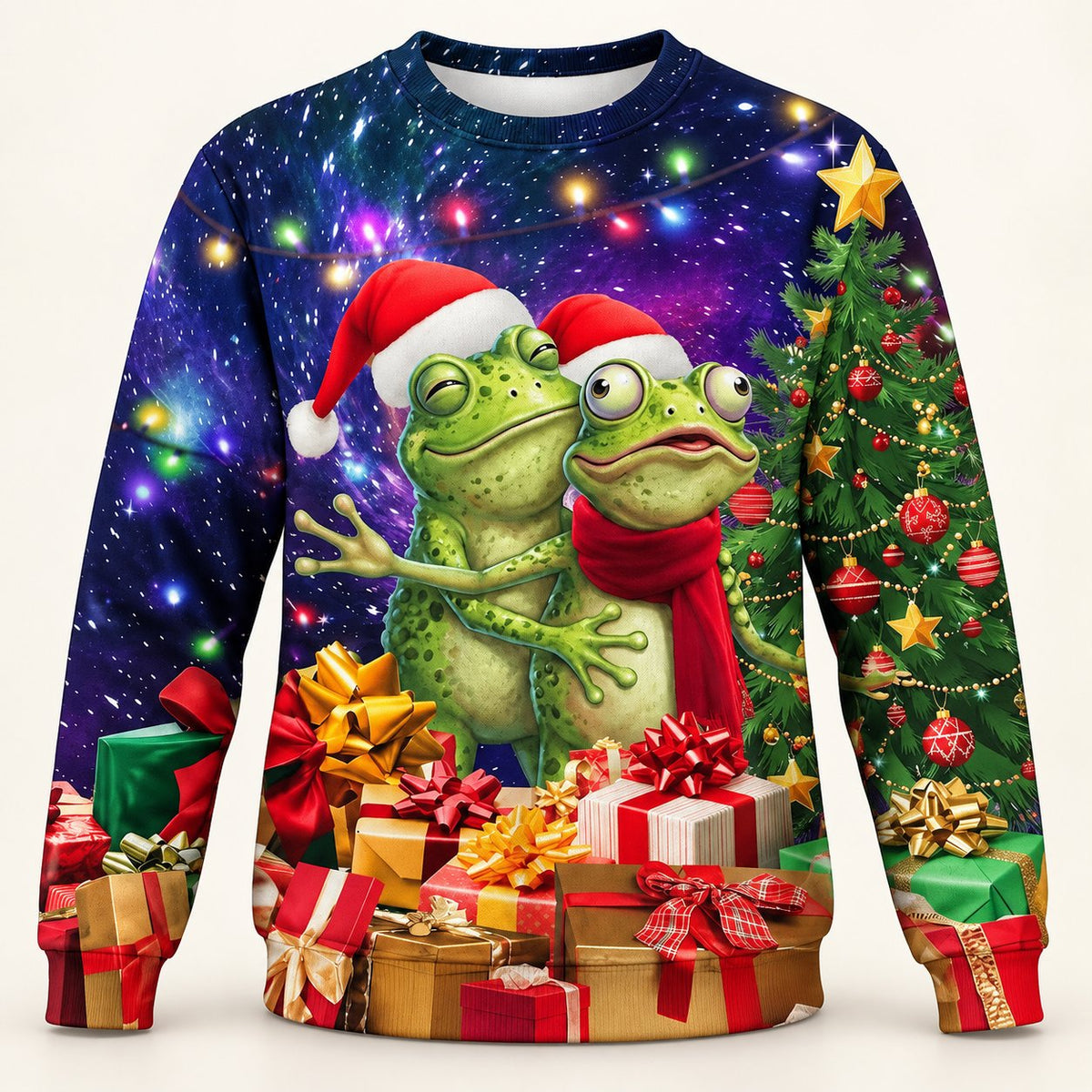 Frog Couple Christmas Galaxy All-Over Print Sweatshirt — Santa Hats, Presents & Christmas Tree, Unisex S to 5XL
