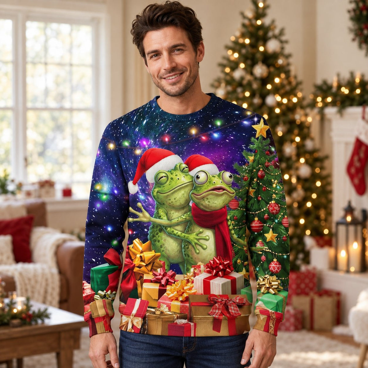 Frog Couple Christmas Galaxy All-Over Print Sweatshirt — Santa Hats, Presents & Christmas Tree, Unisex S to 5XL