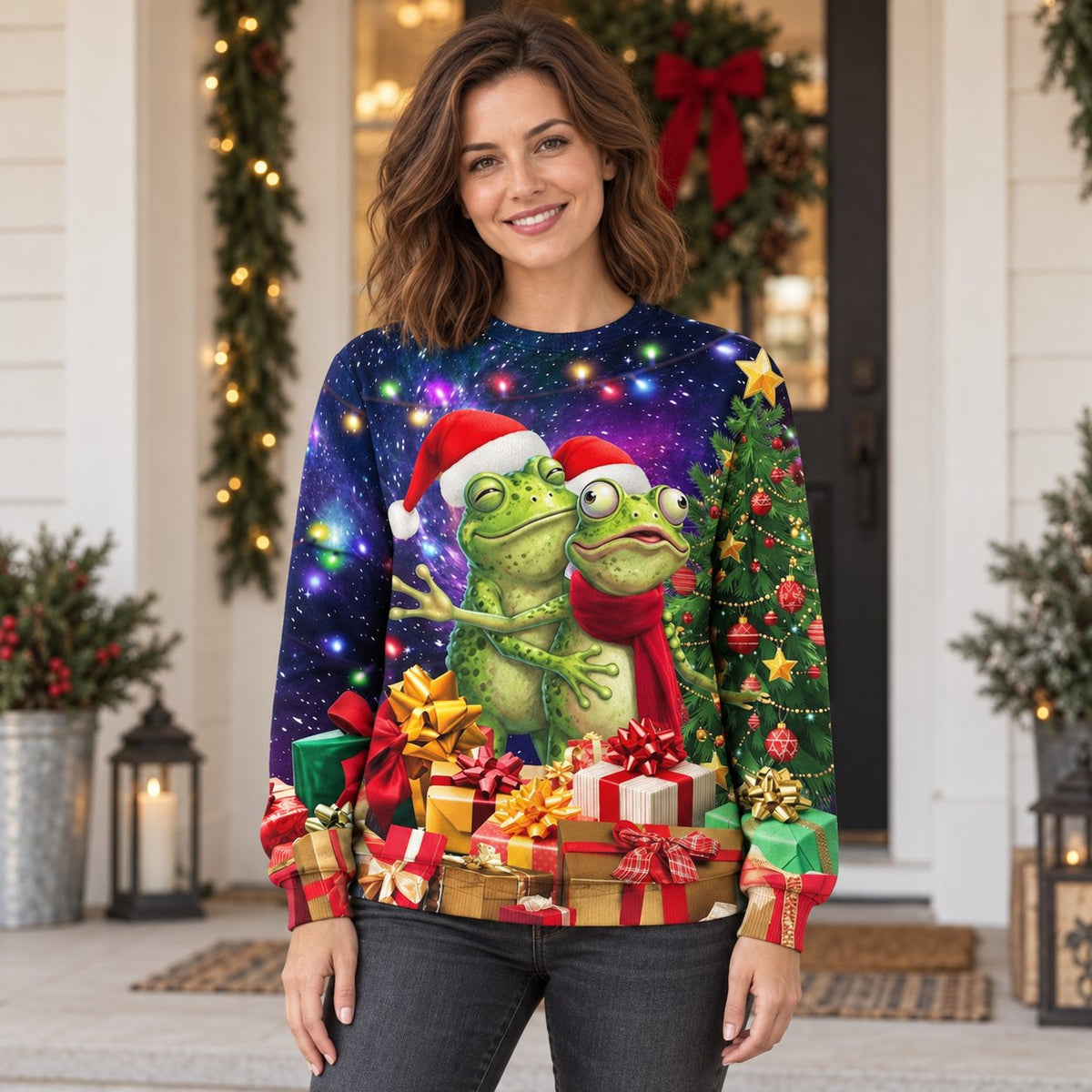 Frog Couple Christmas Galaxy All-Over Print Sweatshirt — Santa Hats, Presents & Christmas Tree, Unisex S to 5XL