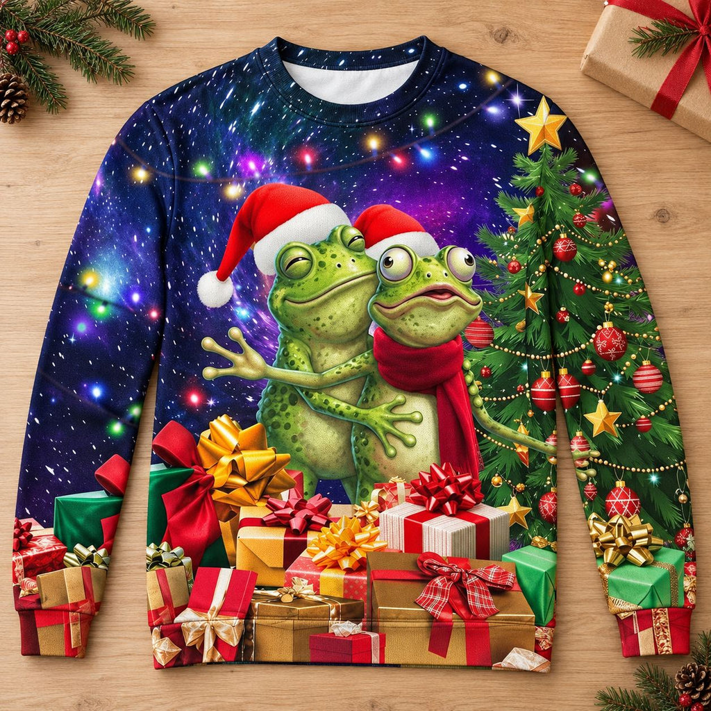 Frog Couple Christmas Galaxy All-Over Print Sweatshirt — Santa Hats, Presents & Christmas Tree, Unisex S to 5XL