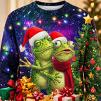 Frog Couple Christmas Galaxy All-Over Print Sweatshirt — Santa Hats, Presents & Christmas Tree, Unisex S to 5XL