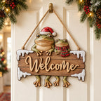 Frog Couple Christmas Welcome Sign — 2-Layer Wooden Door Hanger with Santa Hat, Scarf & Snowy Icicles