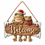 Frog Couple Christmas Welcome Sign — 2-Layer Wooden Door Hanger with Santa Hat, Scarf & Snowy Icicles