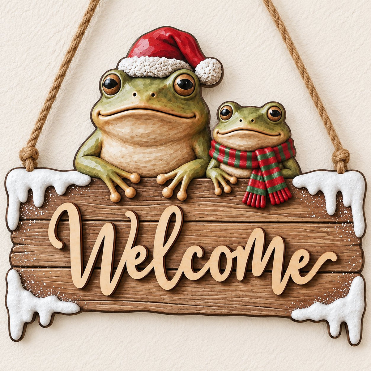 Frog Couple Christmas Welcome Sign — 2-Layer Wooden Door Hanger with Santa Hat, Scarf & Snowy Icicles