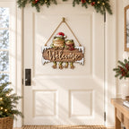 Frog Couple Christmas Welcome Sign — 2-Layer Wooden Door Hanger with Santa Hat, Scarf & Snowy Icicles
