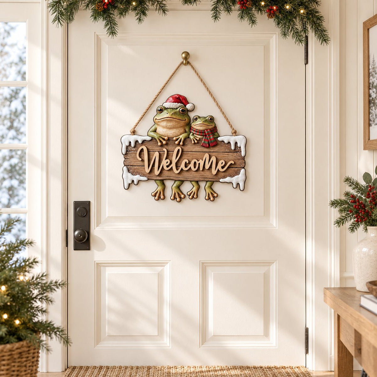 Frog Couple Christmas Welcome Sign — 2-Layer Wooden Door Hanger with Santa Hat, Scarf & Snowy Icicles