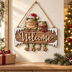 Frog Couple Christmas Welcome Sign — 2-Layer Wooden Door Hanger with Santa Hat, Scarf & Snowy Icicles