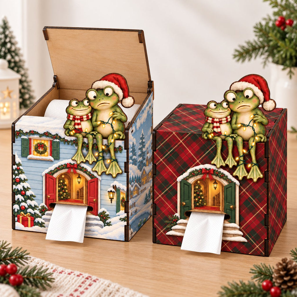 Frog Couple Christmas Wooden Tissue Box Cover — Snowy Cottage or Red Tartan