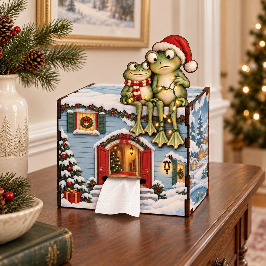 Frog Couple Christmas Wooden Tissue Box Cover — Snowy Cottage or Red Tartan