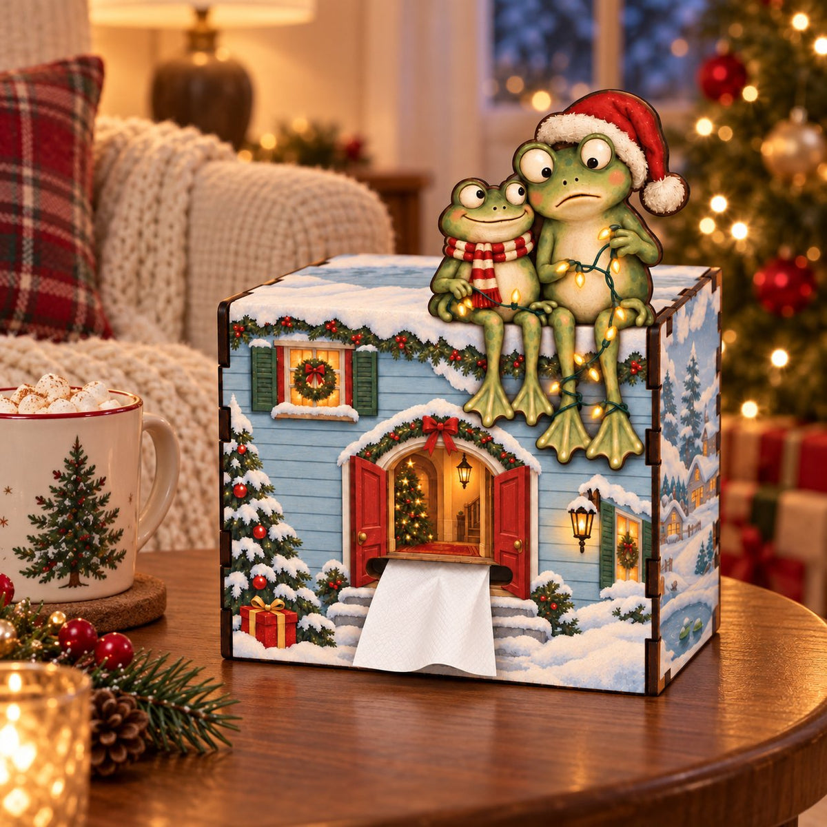 Frog Couple Christmas Wooden Tissue Box Cover — Snowy Cottage or Red Tartan