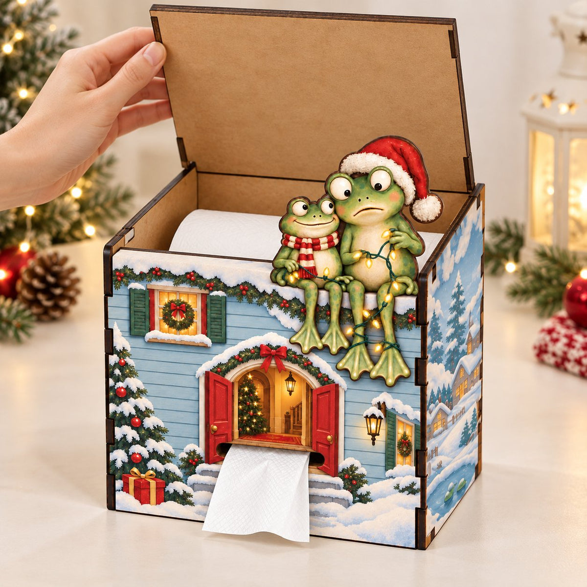Frog Couple Christmas Wooden Tissue Box Cover — Snowy Cottage or Red Tartan