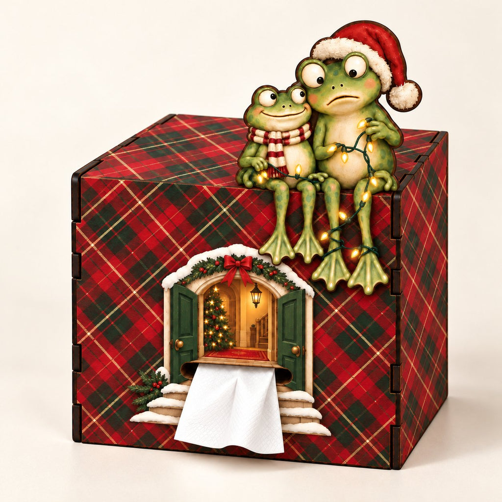 Frog Couple Christmas Wooden Tissue Box Cover — Snowy Cottage or Red Tartan