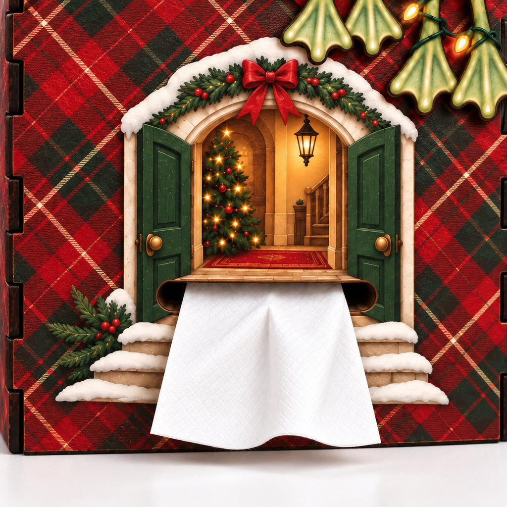 Frog Couple Christmas Wooden Tissue Box Cover — Snowy Cottage or Red Tartan