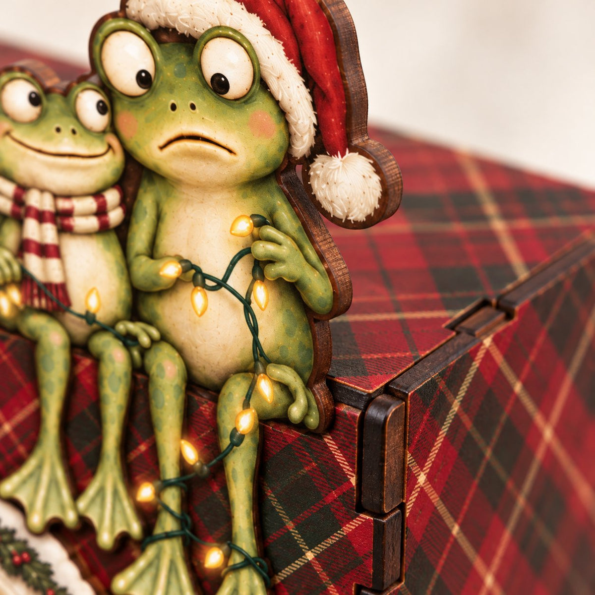 Frog Couple Christmas Wooden Tissue Box Cover — Snowy Cottage or Red Tartan