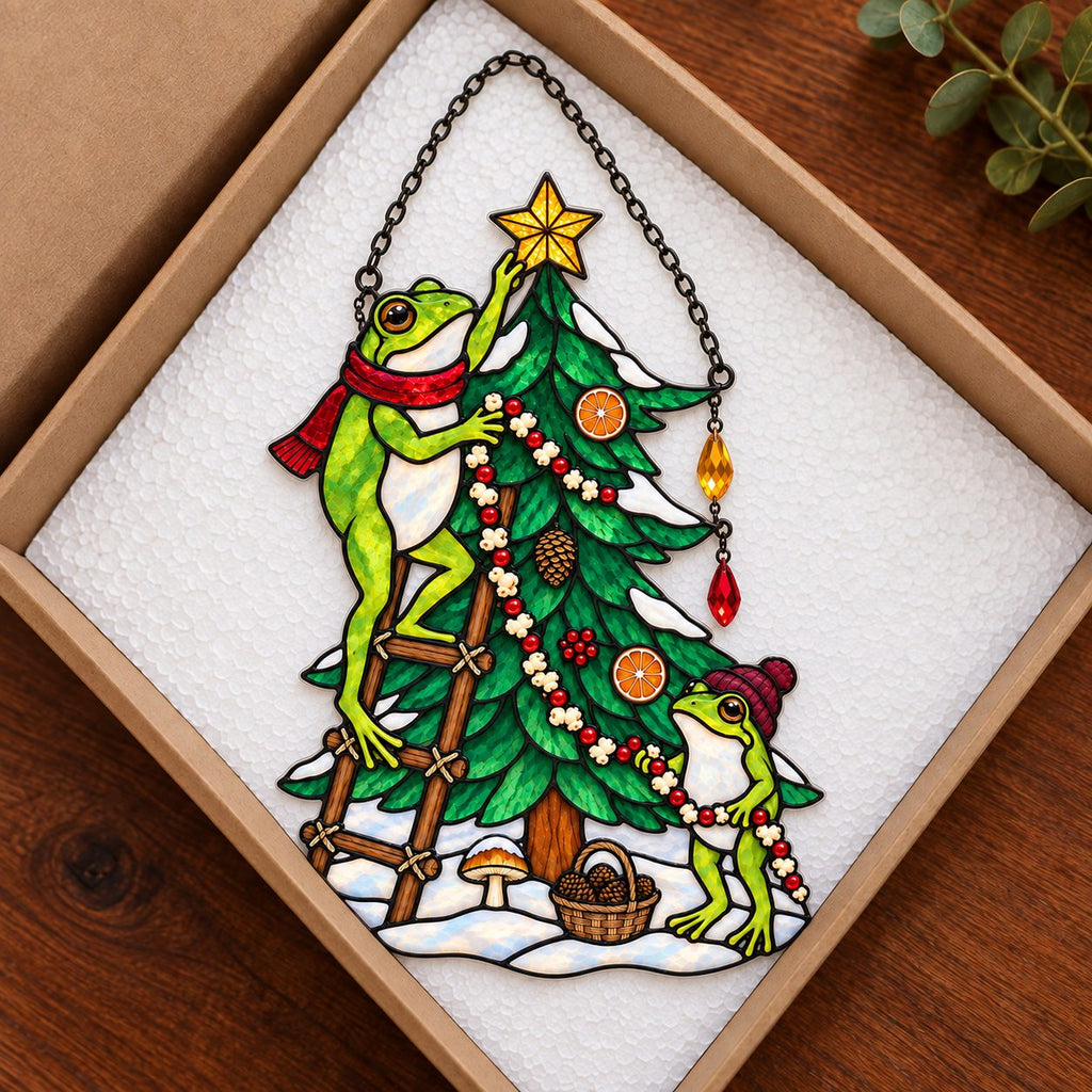 Frog Couple Decorating the Christmas Tree Holographic Acrylic Suncatcher