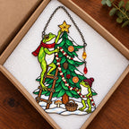 Frog Couple Decorating the Christmas Tree Holographic Acrylic Suncatcher