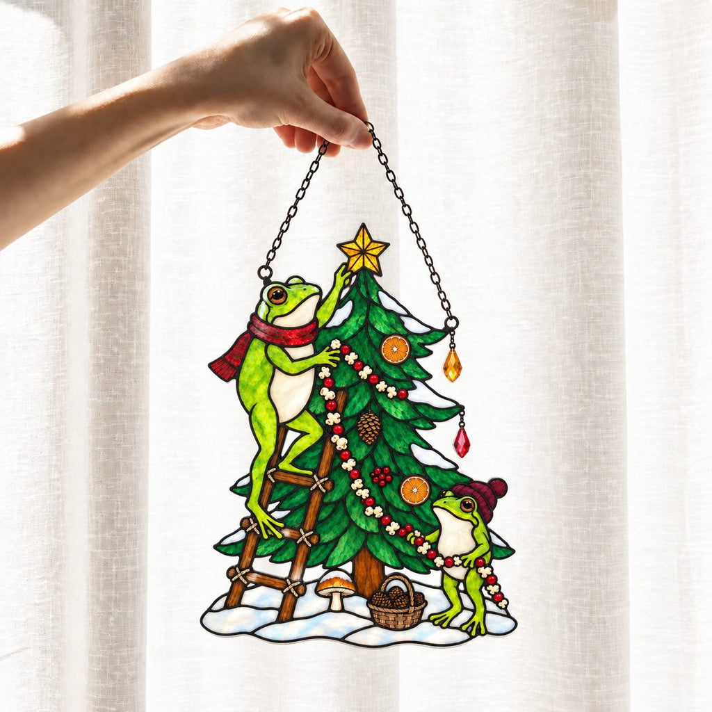 Frog Couple Decorating the Christmas Tree Holographic Acrylic Suncatcher