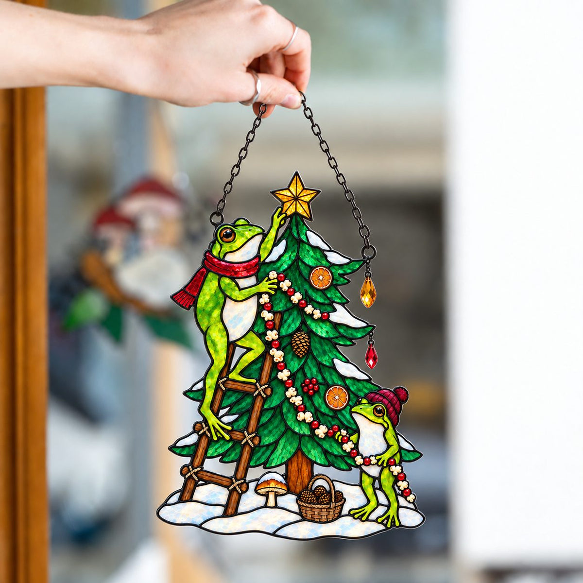 Frog Couple Decorating the Christmas Tree Holographic Acrylic Suncatcher