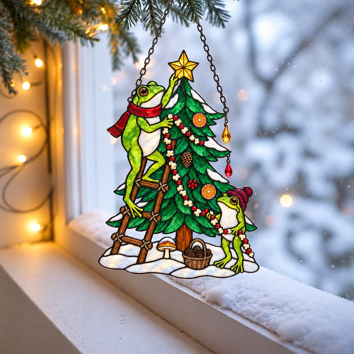 Frog Couple Decorating the Christmas Tree Holographic Acrylic Suncatcher