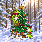 Frog Couple Decorating the Christmas Tree Holographic Acrylic Suncatcher