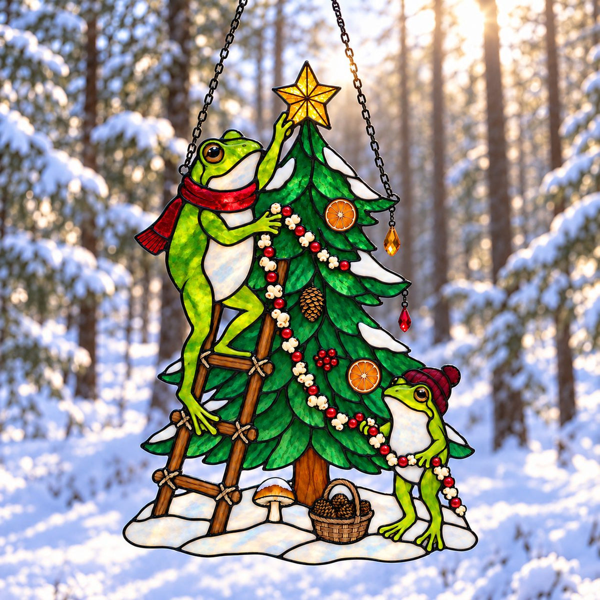 Frog Couple Decorating the Christmas Tree Holographic Acrylic Suncatcher