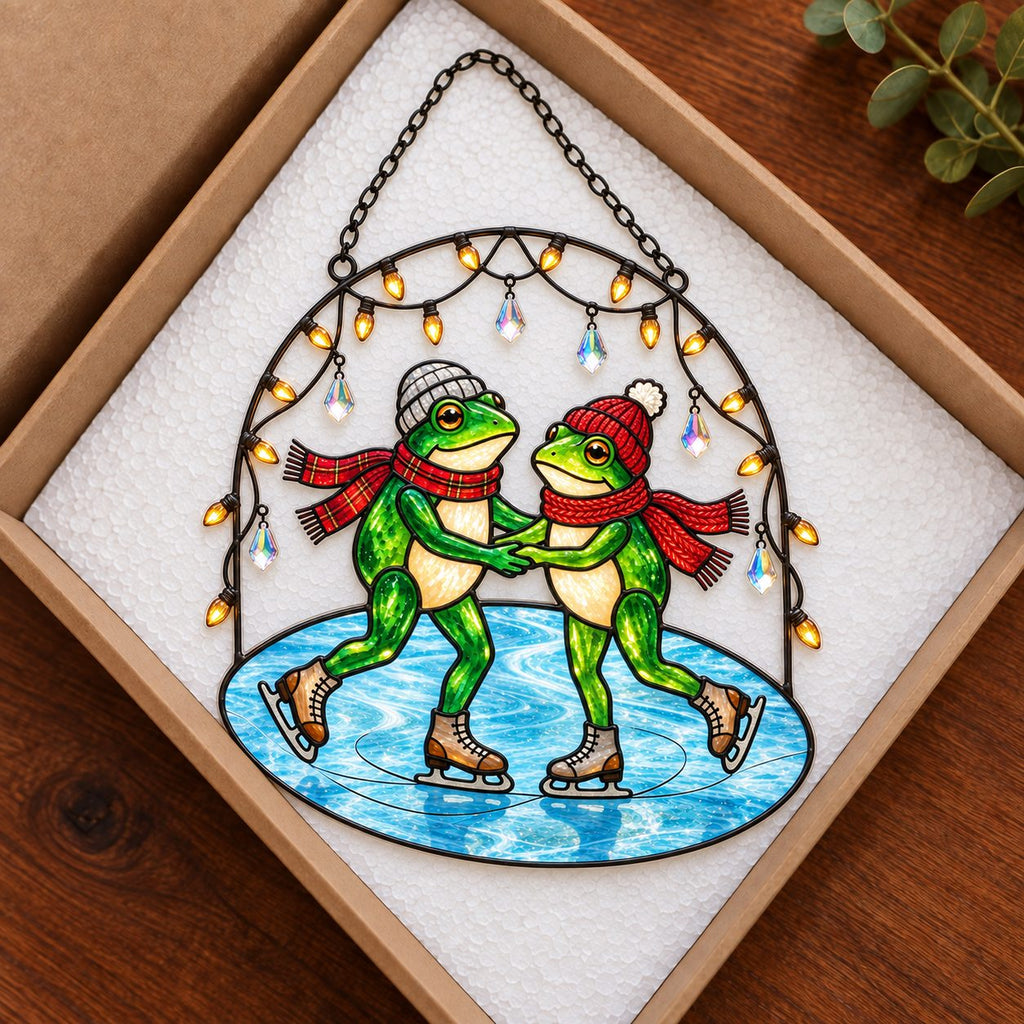 Frog Couple Ice Skating Holographic Acrylic Suncatcher