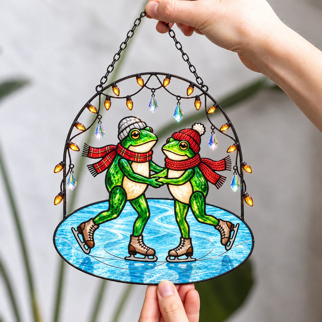 Frog Couple Ice Skating Holographic Acrylic Suncatcher