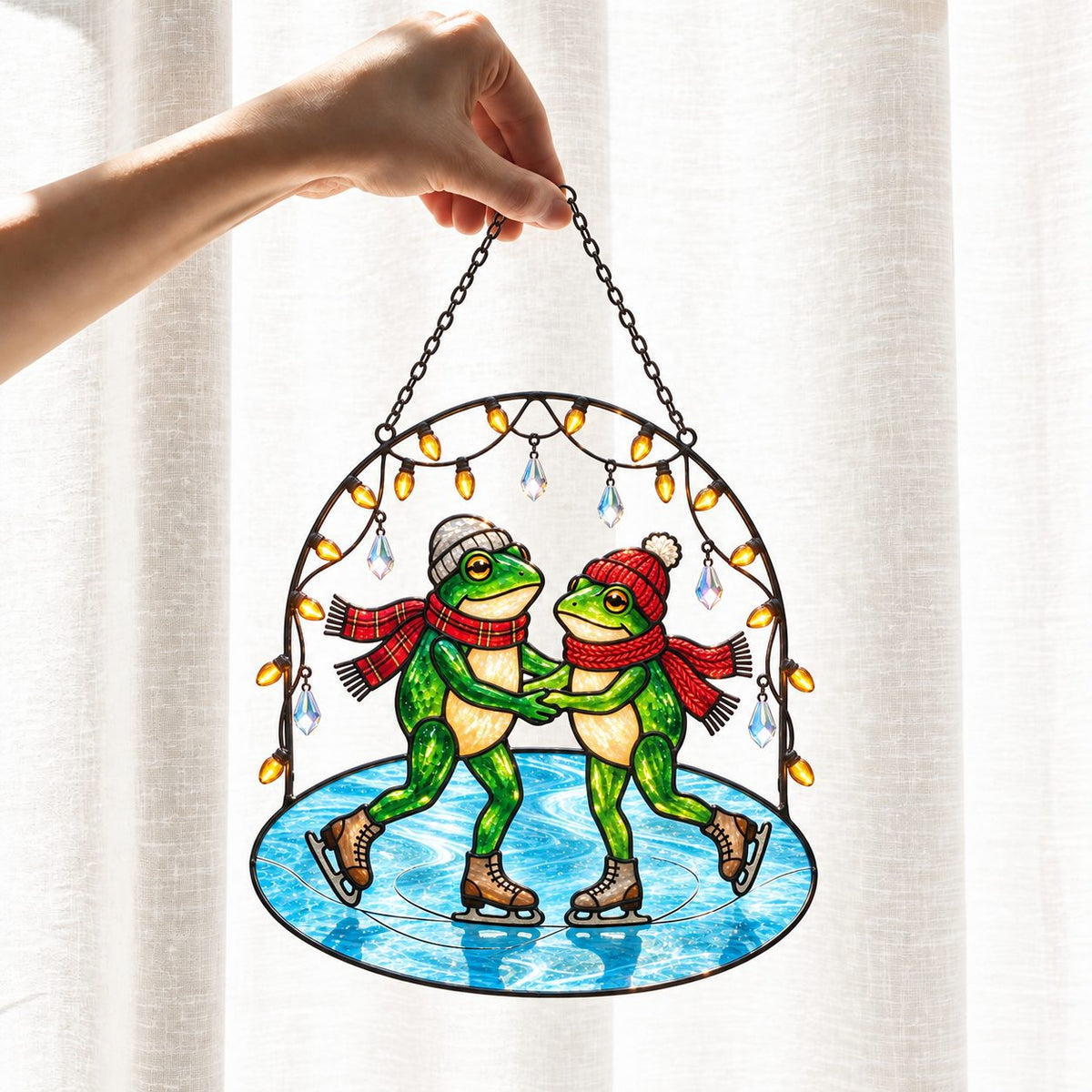 Frog Couple Ice Skating Holographic Acrylic Suncatcher