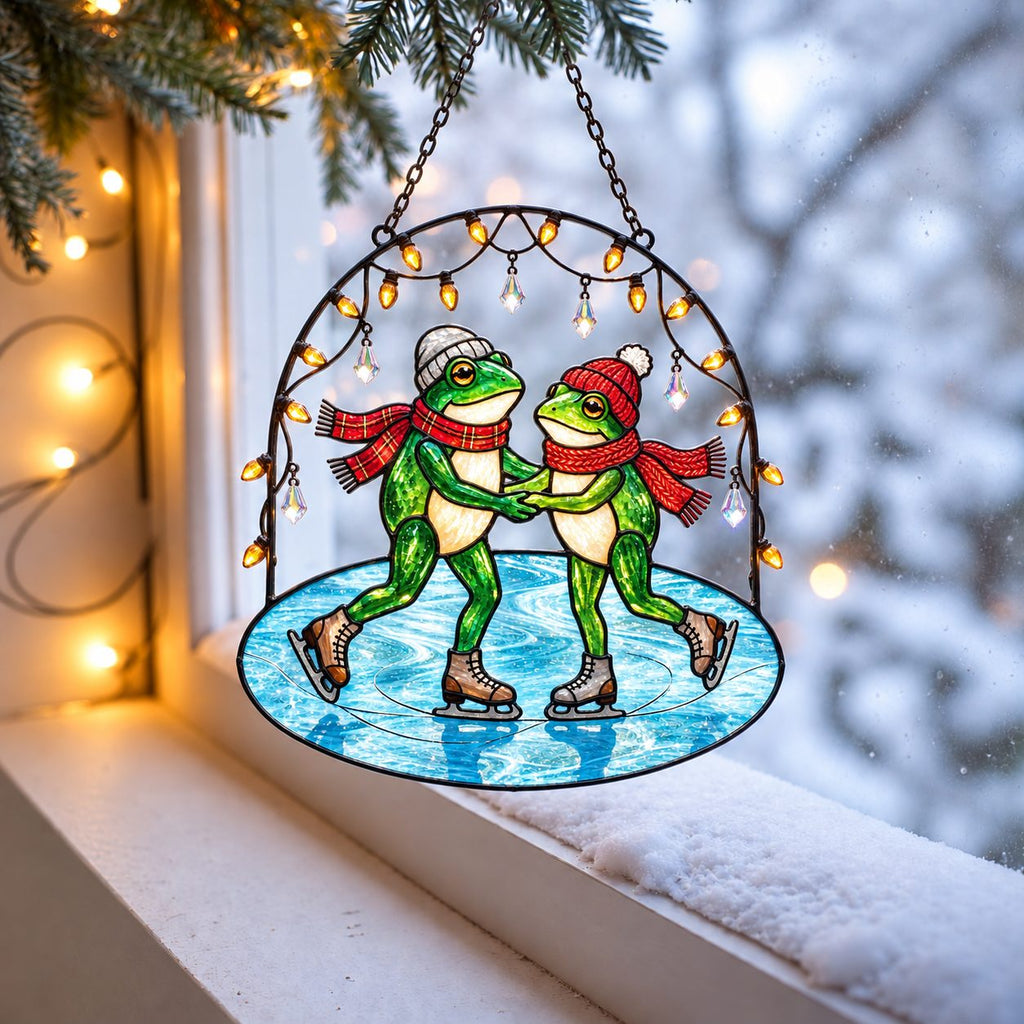 Frog Couple Ice Skating Holographic Acrylic Suncatcher