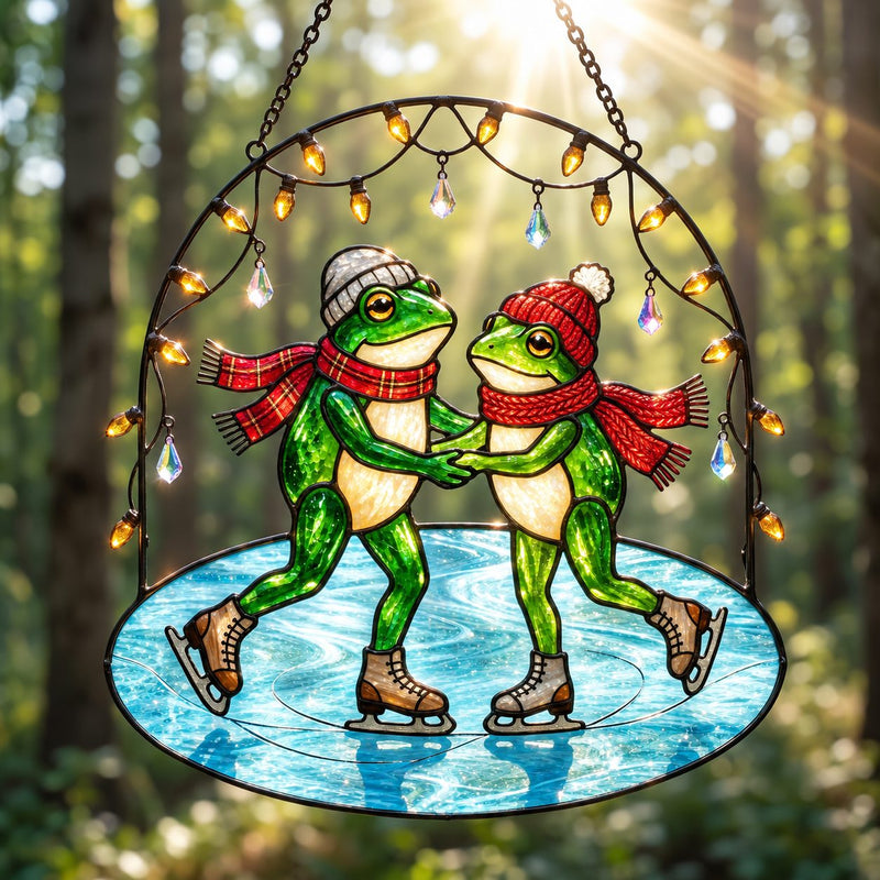Frog Couple Ice Skating Holographic Acrylic Suncatcher