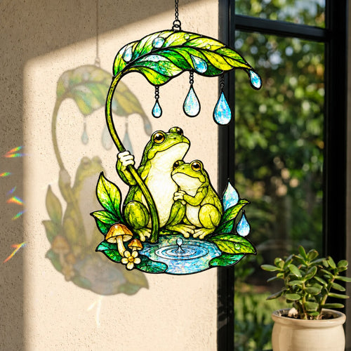 Frog Couple & Leaf Umbrella Holographic Acrylic Suncatcher