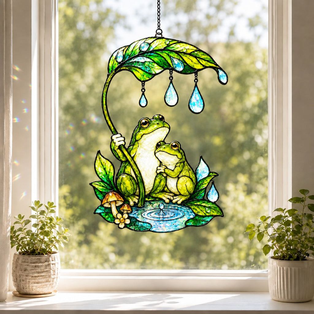 Frog Couple & Leaf Umbrella Holographic Acrylic Suncatcher
