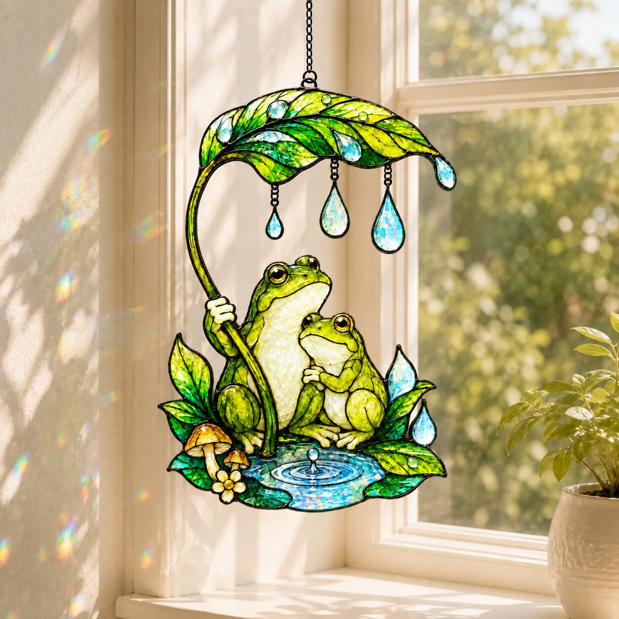 Frog Couple & Leaf Umbrella Holographic Acrylic Suncatcher