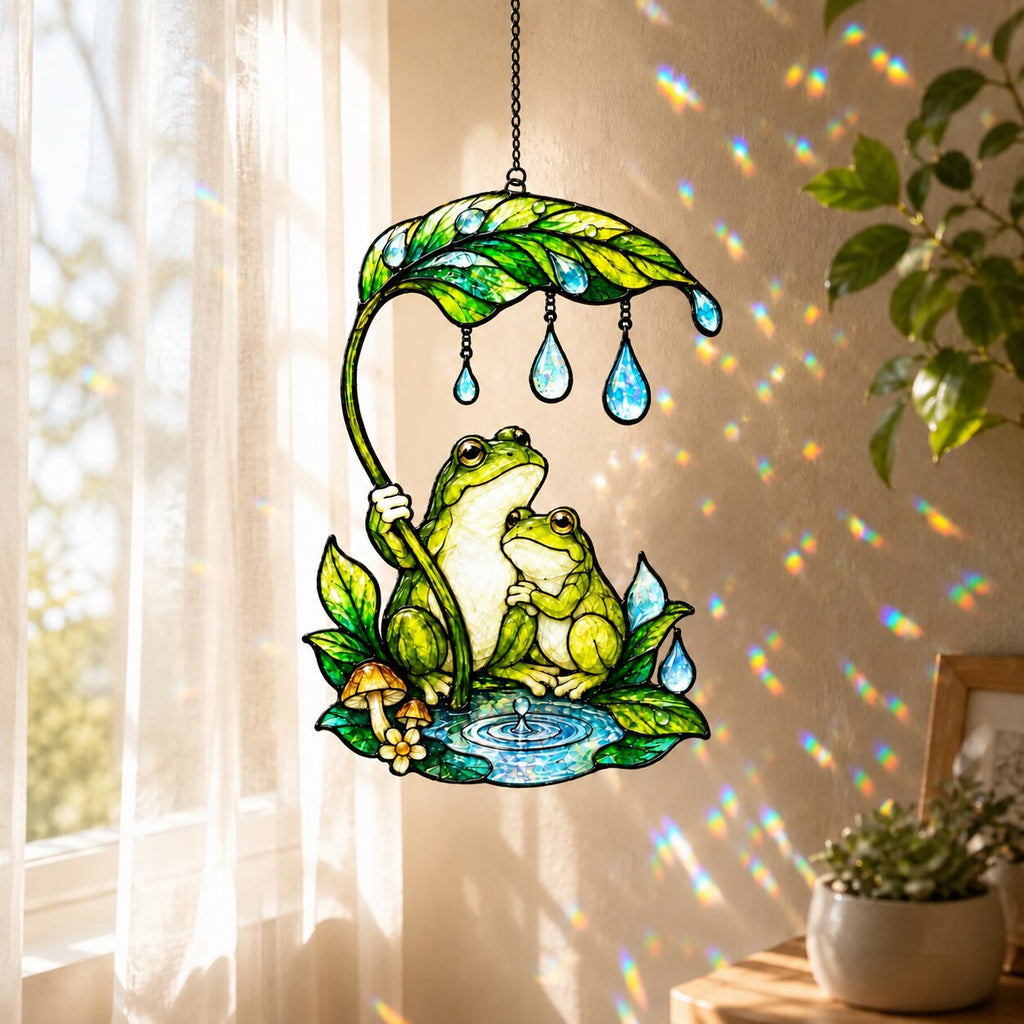 Frog Couple & Leaf Umbrella Holographic Acrylic Suncatcher