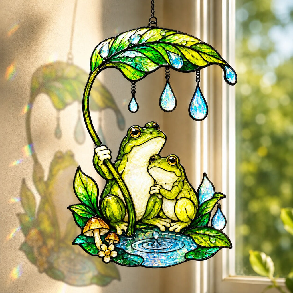Frog Couple & Leaf Umbrella Holographic Acrylic Suncatcher