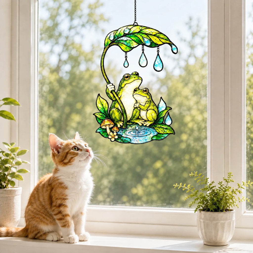 Frog Couple & Leaf Umbrella Holographic Acrylic Suncatcher