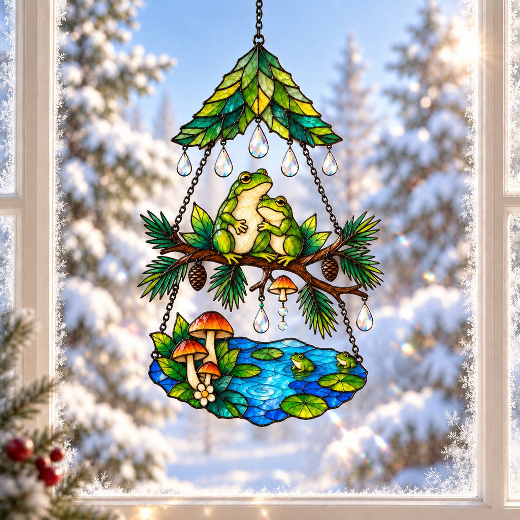 Frog Couple Pond Garden Tiered Holographic Acrylic Suncatcher