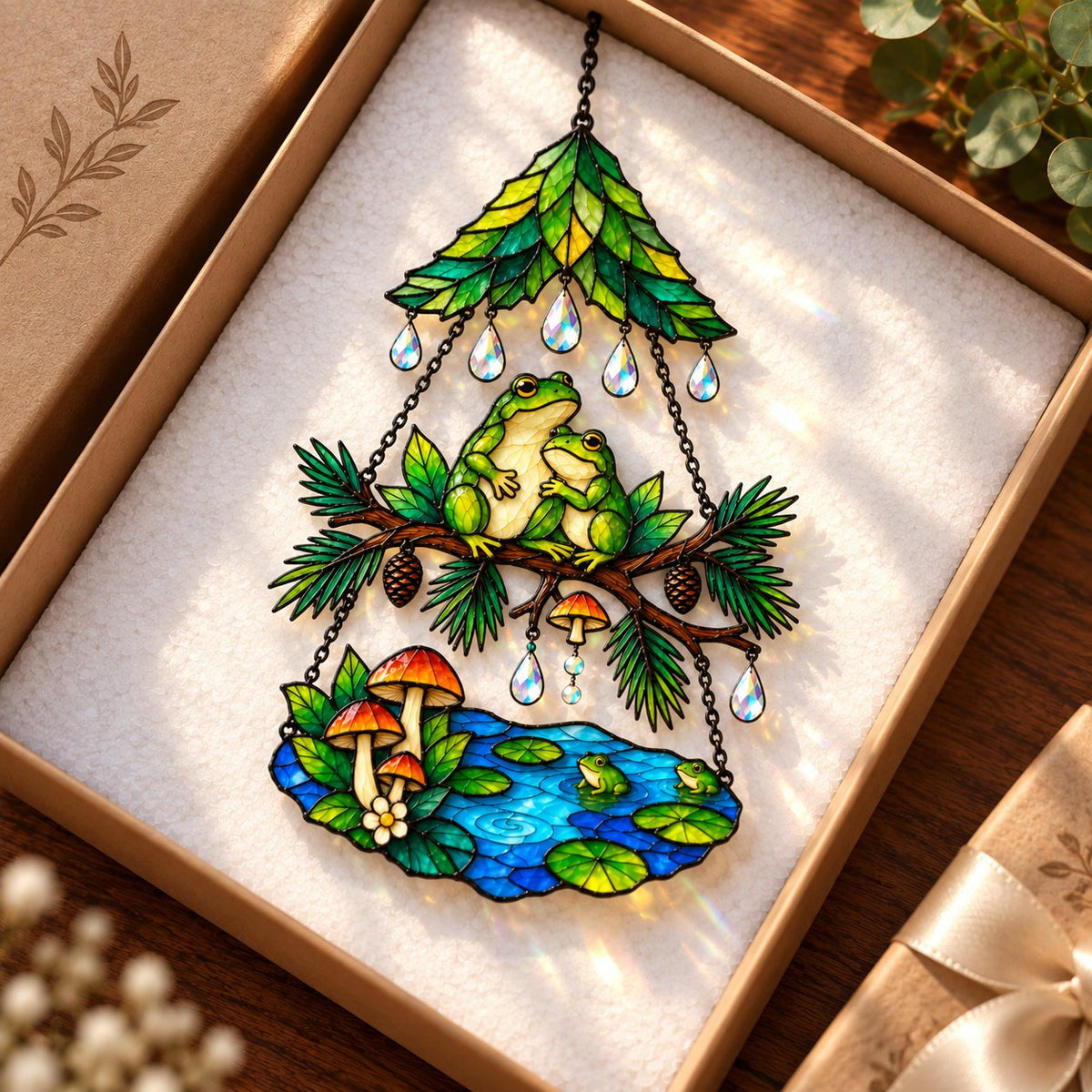 Frog Couple Pond Garden Tiered Holographic Acrylic Suncatcher
