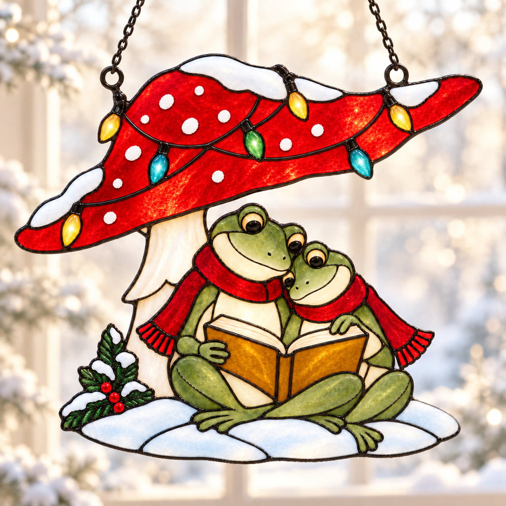 Frog Couple Reading under a Christmas Mushroom Holographic Acrylic Suncatcher