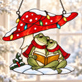 Frog Couple Reading under a Christmas Mushroom Holographic Acrylic Suncatcher