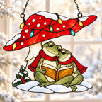 Frog Couple Reading under a Christmas Mushroom Holographic Acrylic Suncatcher