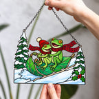 Frog Couple Sledding on a Leaf Holographic Acrylic Suncatcher