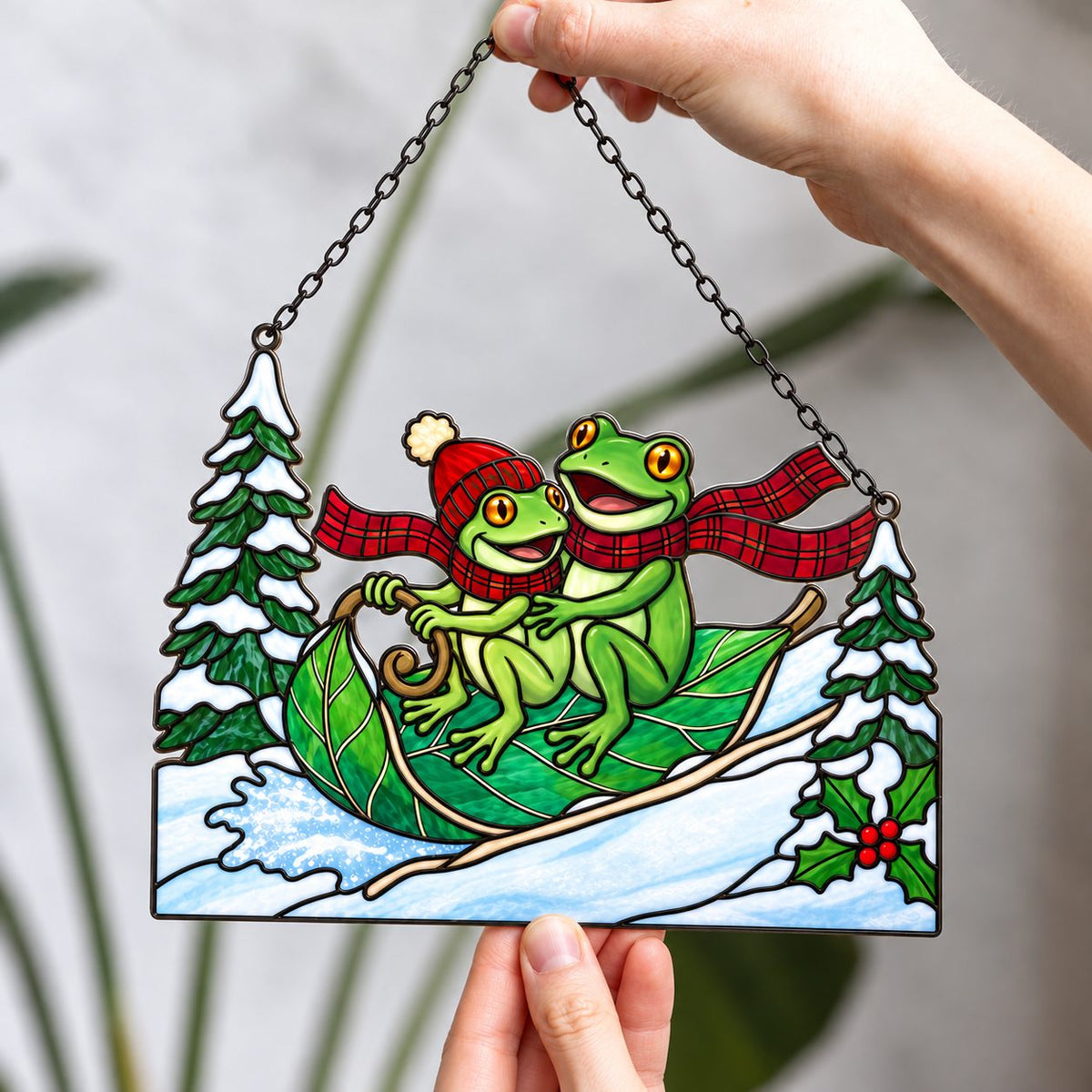 Frog Couple Sledding on a Leaf Holographic Acrylic Suncatcher