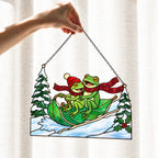 Frog Couple Sledding on a Leaf Holographic Acrylic Suncatcher